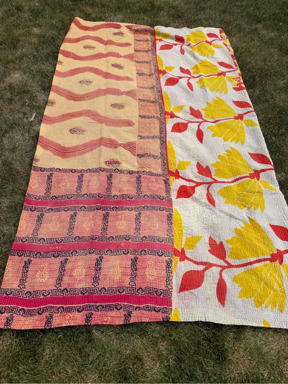 Vintage Indian Kantha Quilt Reversible Cotton Sari Throw Blanket Boho Pink Orang